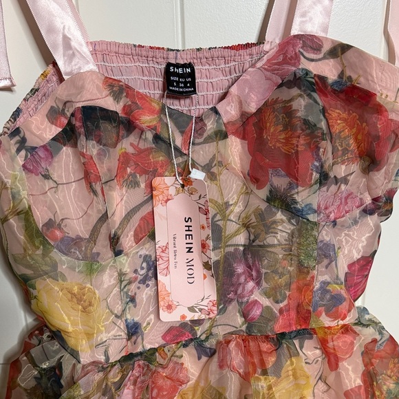 SHEIN Pink Floral Midi Dress with Ribbon Straps - Picture 3 of 5